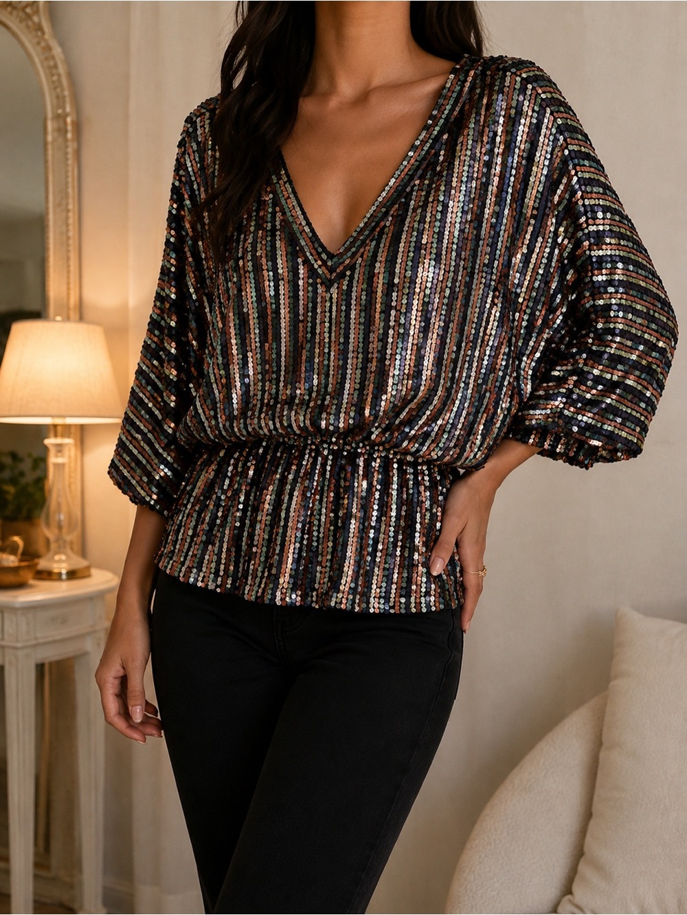 VICI Multicolor Striped Sequin V Neck Dolman Sleeve Party Top Medium